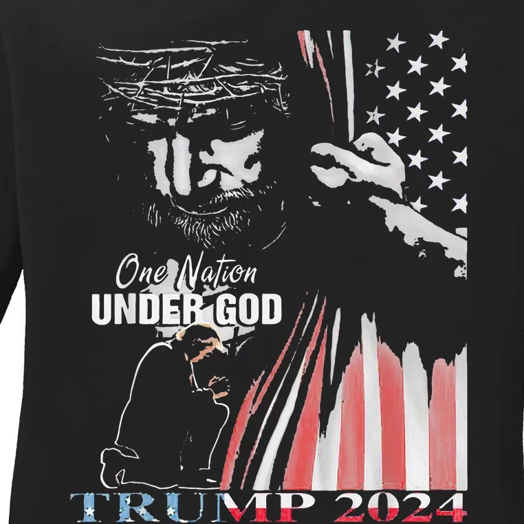 One Nation Under God Trump 2024 God American Flag Ladies Long Sleeve Shirt