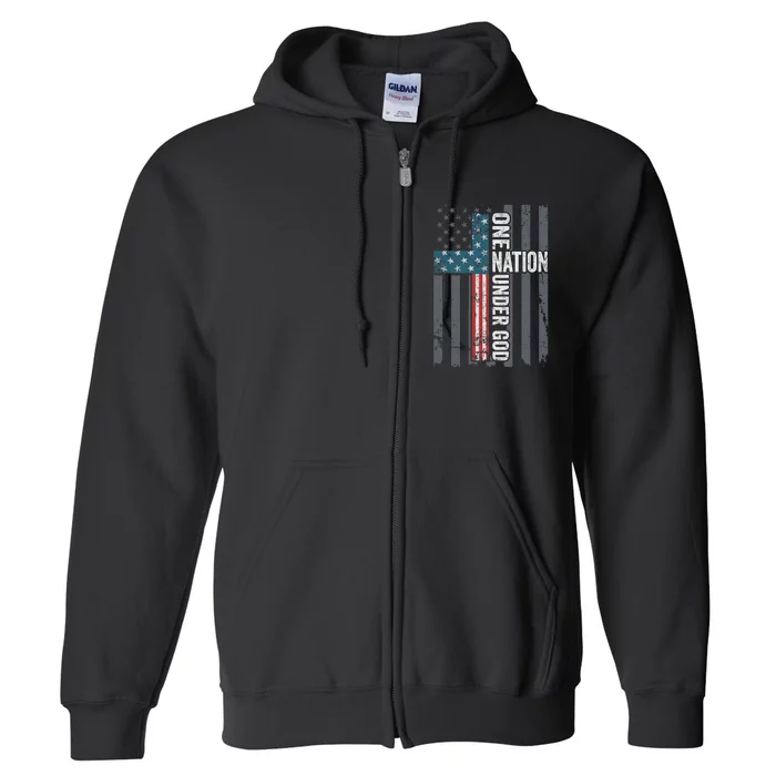 ONE NATION UNDER GOD USA Cross Flag Christian ON BACK Full Zip Hoodie