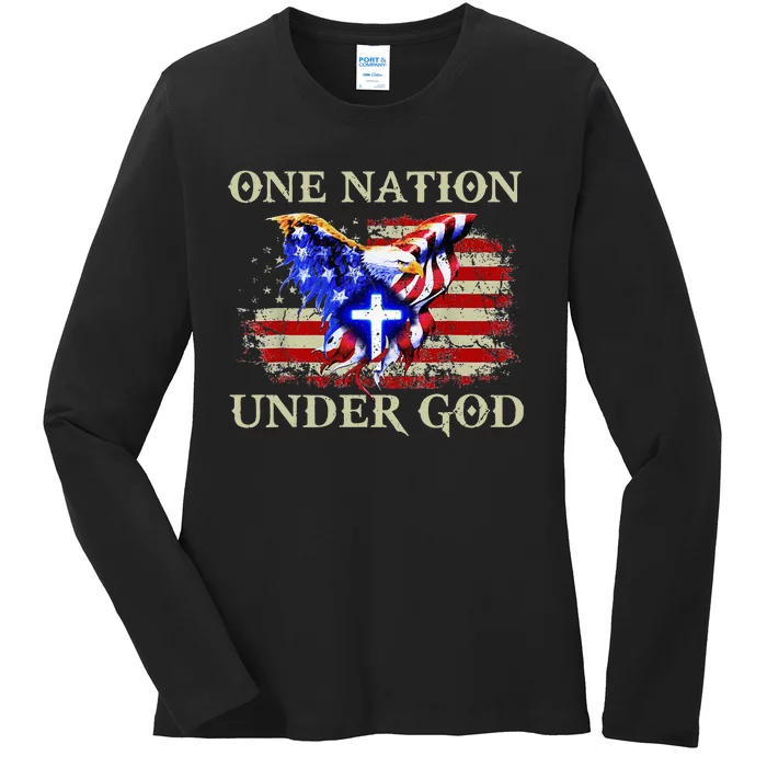 One Nation Under God Patriotic Usa Christian Ladies Long Sleeve Shirt