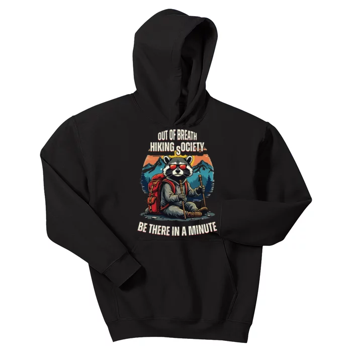 Out Of Breath Hiking Society Raccoon Hiking Kids Hoodie