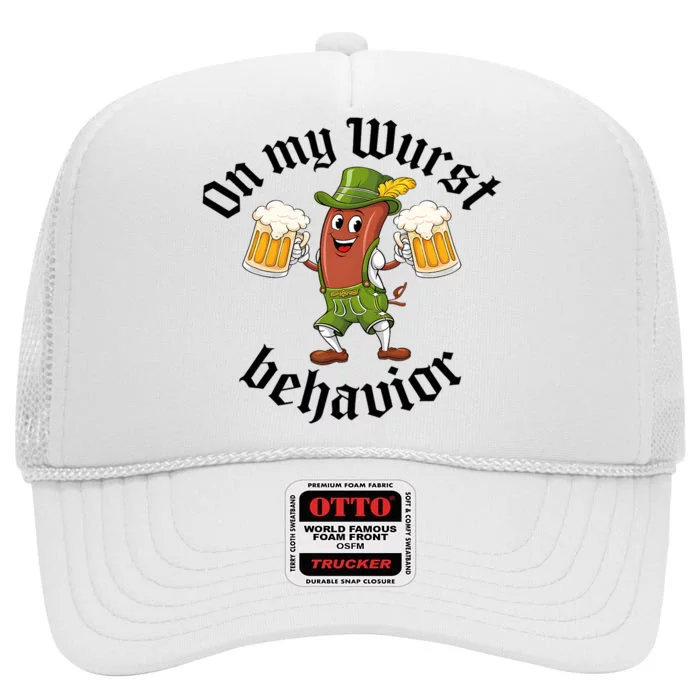 Oktoberfest On My Wurst Behavior Funny German High Crown Mesh Trucker Hat