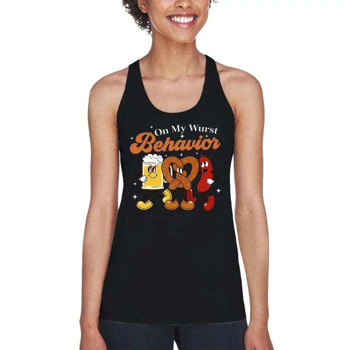 Oktoberfest On My Wurst Behavior Funny German Beer Bratwurst Women's Racerback Tank