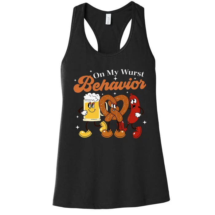 Oktoberfest On My Wurst Behavior Funny German Beer Bratwurst Women's Racerback Tank