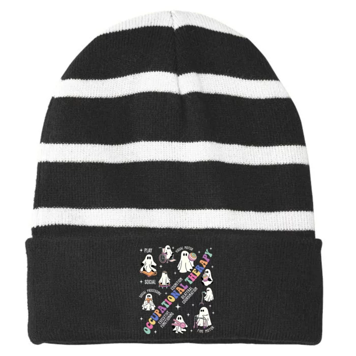 Ot Occupational Therapy Therapist Halloween Spooky Striped Beanie with Solid Band