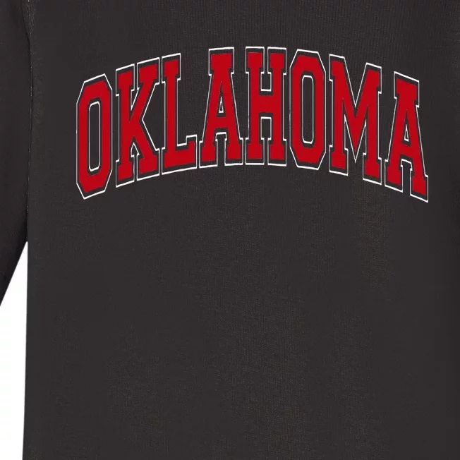 Oklahoma OK Varsity Style Red Text Baby Long Sleeve Bodysuit