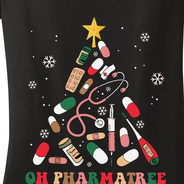 Oh Pharmatree Christmas Tree Pharmacy Medication Funny Xmas Women's V-Neck T-Shirt