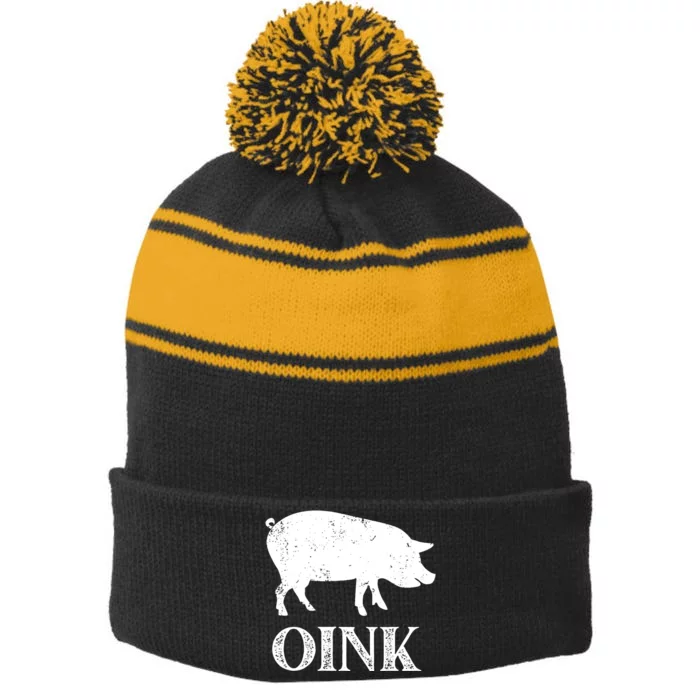 Oink Pig Funny Hog Farm Barnyard Animal Pig Lover Grunge Stripe Pom Pom Beanie