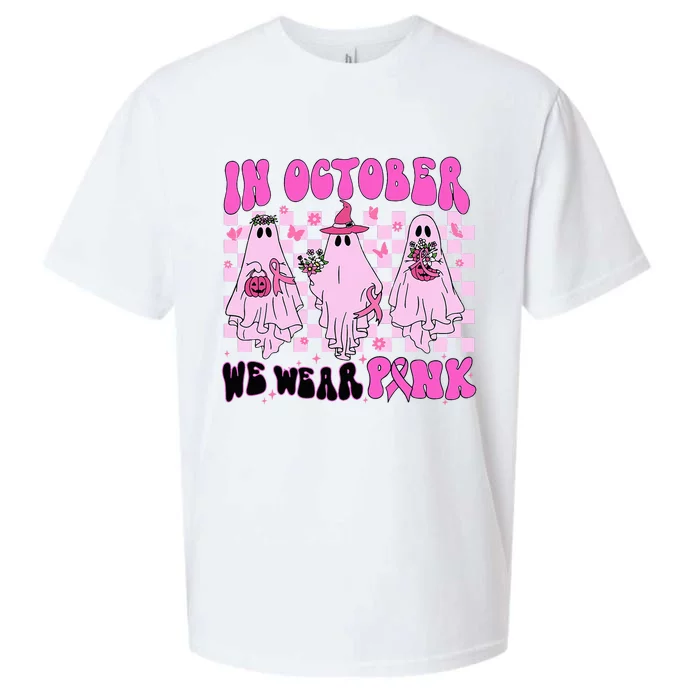 October Pink Ghost Halloween Breast Cancer Awareness Sueded Cloud Jersey T-Shirt