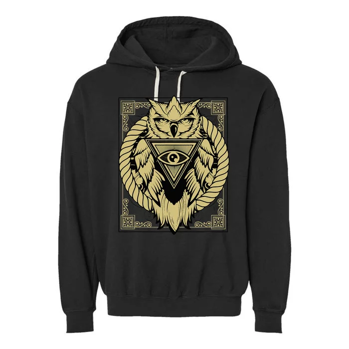 Owl Pyramid Secret Illuminati Owl Tattoo Style Garment-Dyed Fleece Hoodie