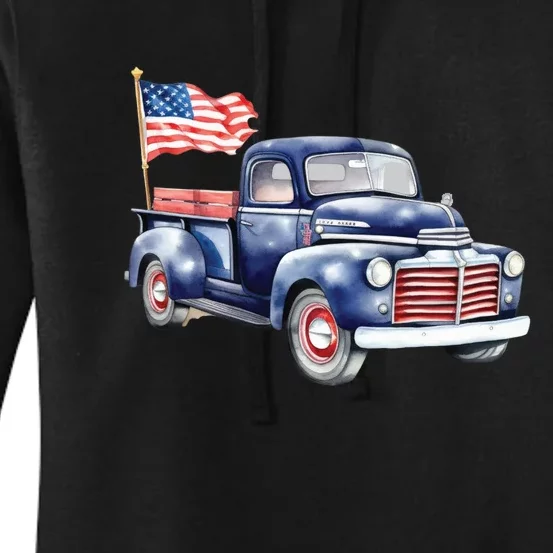 Oldtimer PickUp Truck Patriotic American Flag 4th Of July USA Women's Pullover Hoodie