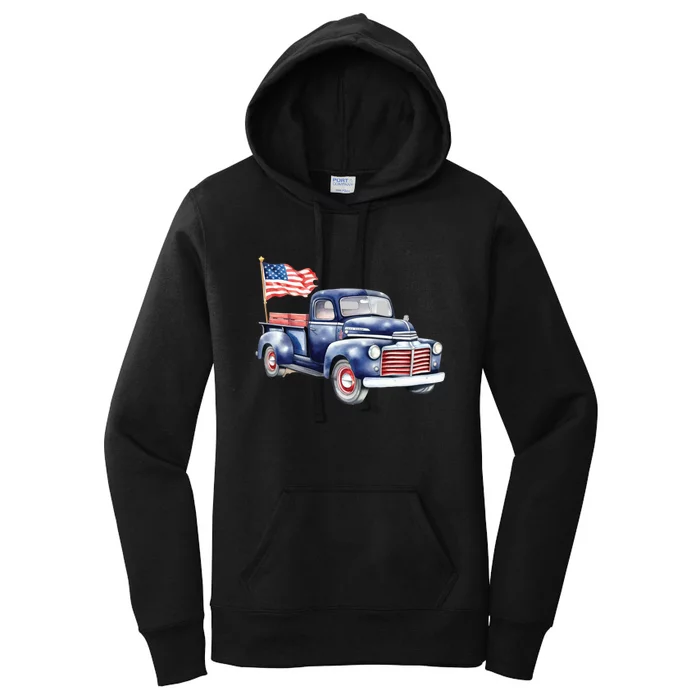 Oldtimer PickUp Truck Patriotic American Flag 4th Of July USA Women's Pullover Hoodie