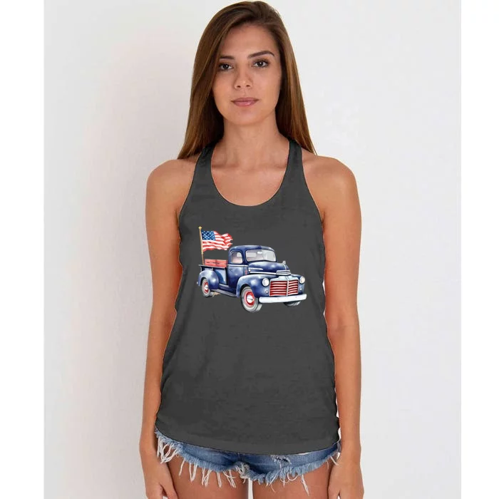 Oldtimer PickUp Truck Patriotic American Flag 4th Of July USA Women's Knotted Racerback Tank