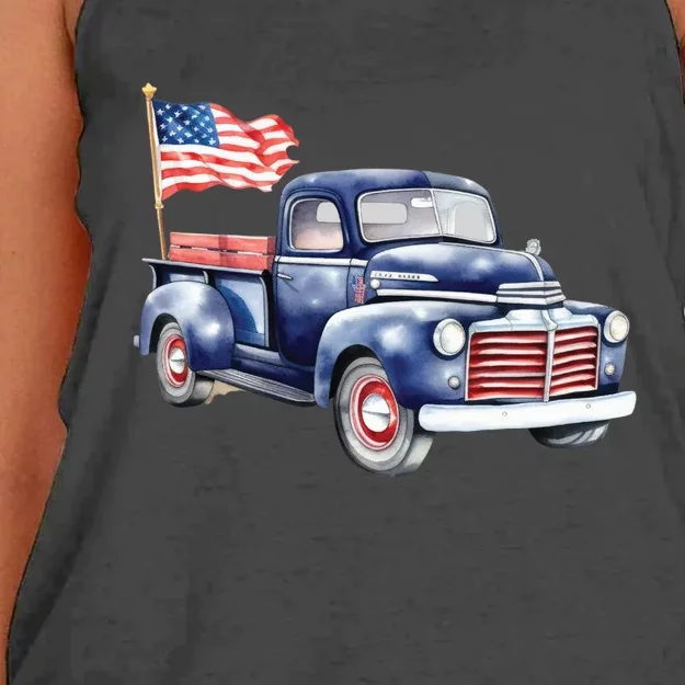 Oldtimer PickUp Truck Patriotic American Flag 4th Of July USA Women's Knotted Racerback Tank