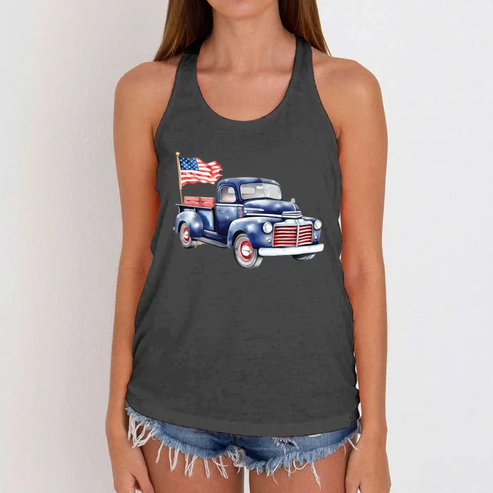 Oldtimer PickUp Truck Patriotic American Flag 4th Of July USA Women's Knotted Racerback Tank