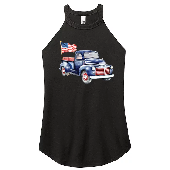 Oldtimer PickUp Truck Patriotic American Flag 4th Of July USA Women’s Perfect Tri Rocker Tank