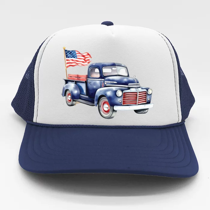 Oldtimer PickUp Truck Patriotic American Flag 4th Of July USA Trucker Hat