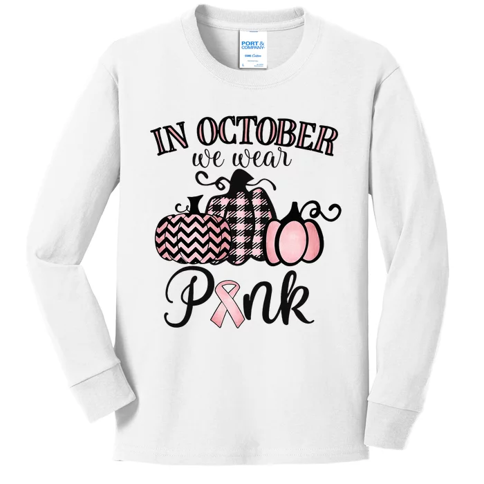 October Pink Thanksgiving Breast Cancer Support Kids Long Sleeve Shirt