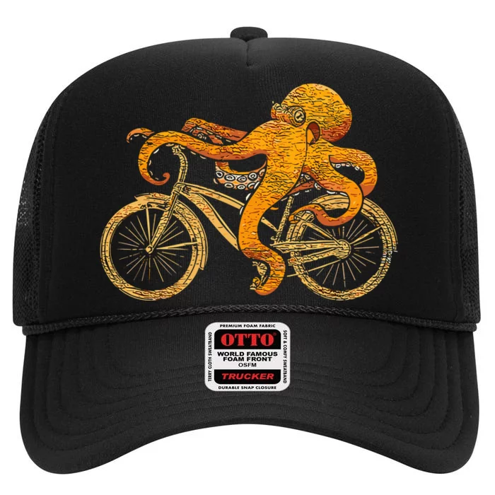 Octopus Riding Bicycle Octopus High Crown Mesh Trucker Hat