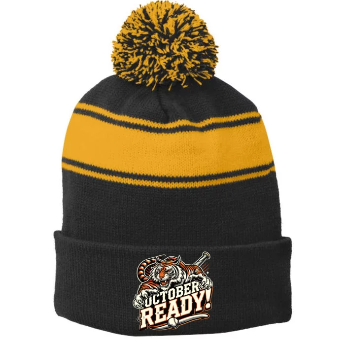 October Ready Baseball Tiger Fan Stripe Pom Pom Beanie