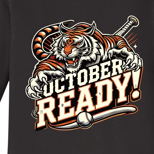 October Ready Baseball Tiger Fan Baby Long Sleeve Bodysuit