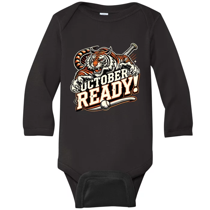 October Ready Baseball Tiger Fan Baby Long Sleeve Bodysuit