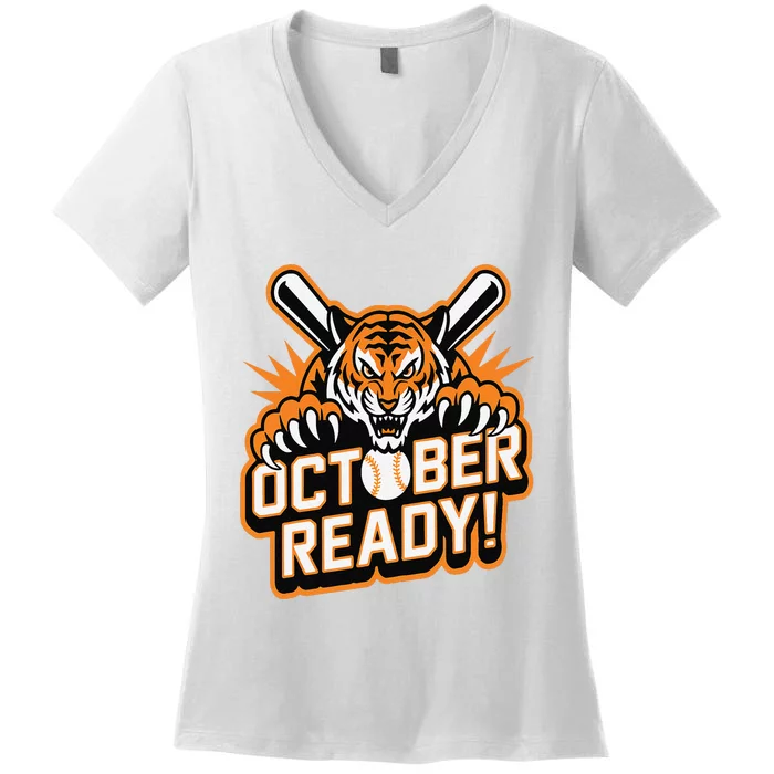 October Ready Baseball Tiger Fan Women's V-Neck T-Shirt