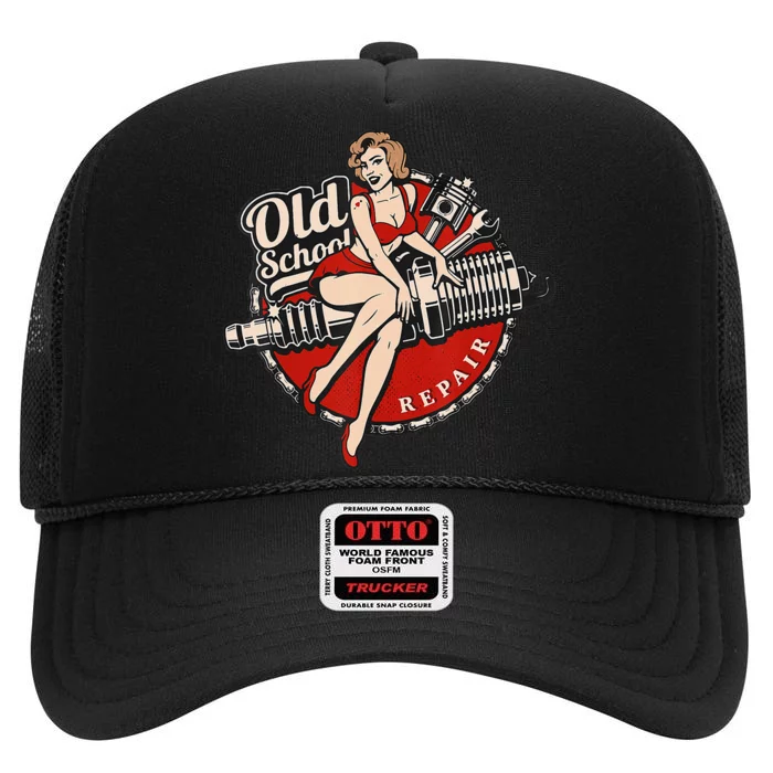 Oldschool Repair PinUp Spark Plug Hotrod US Car Service High Crown Mesh Trucker Hat