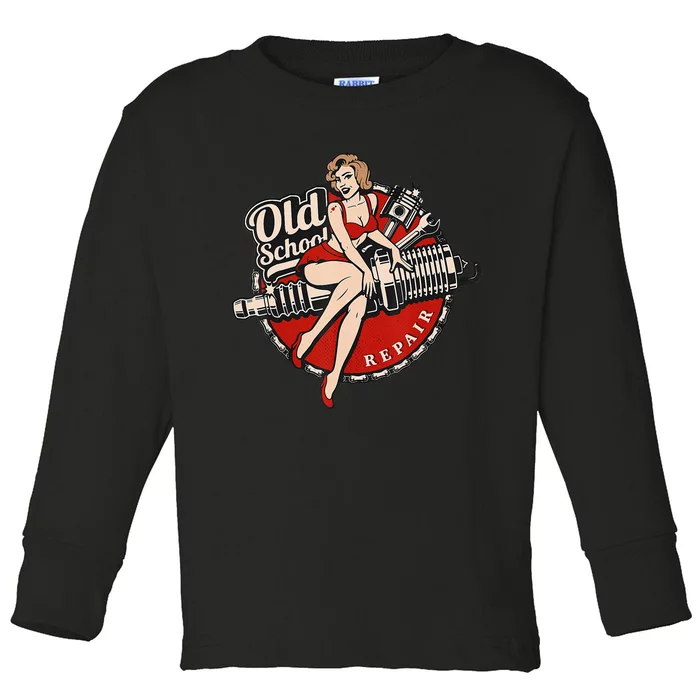 Oldschool Repair PinUp Spark Plug Hotrod US Car Service Toddler Long Sleeve Shirt