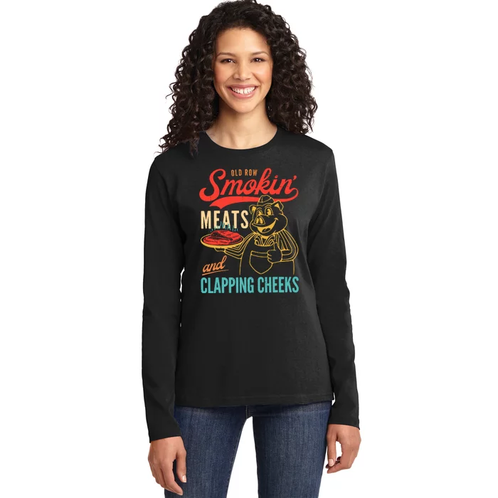 Old Row Smokin Meats And Clapping Cheeks Ladies Long Sleeve Shirt