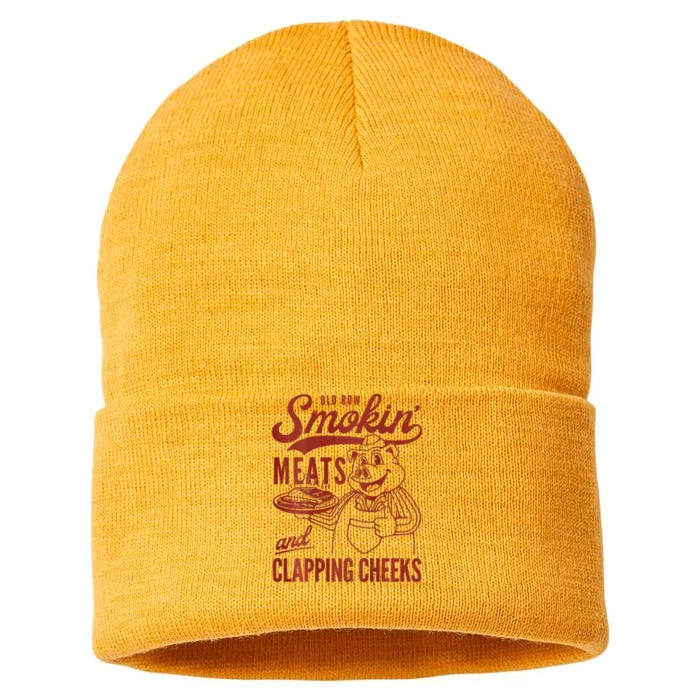 Old Row Smokin Meats And Clapping Cheeks Funny Bbq Sustainable Knit Beanie