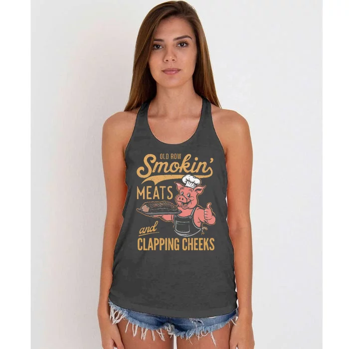 Old Row Smokin Meats And Clapping Cheeks Funny Women's Knotted Racerback Tank