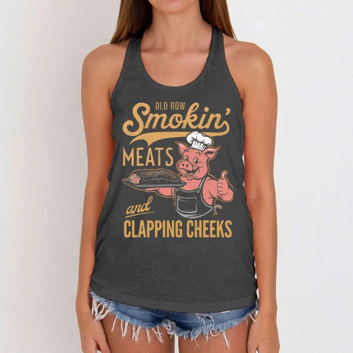 Old Row Smokin Meats And Clapping Cheeks Funny Women's Knotted Racerback Tank