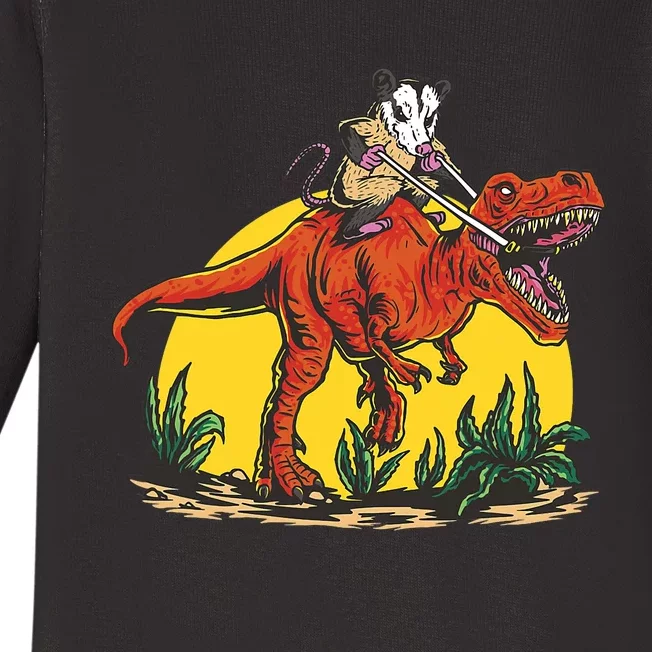 Opossum Riding T Rex Dinosaur Baby Long Sleeve Bodysuit