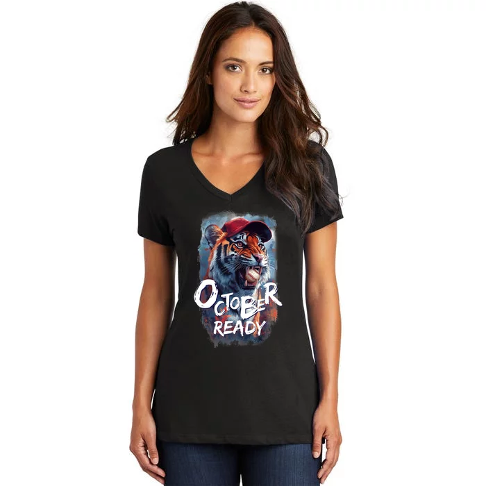 October Ready Tiger Baseball Sports Playoffs Women's V-Neck T-Shirt