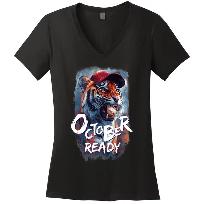 October Ready Tiger Baseball Sports Playoffs Women's V-Neck T-Shirt