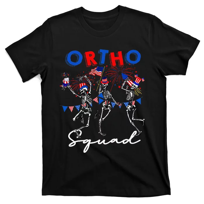 Ortho Squad 4th Of July Usa Flag Skeleton Dancing Orthopedic T-Shirt