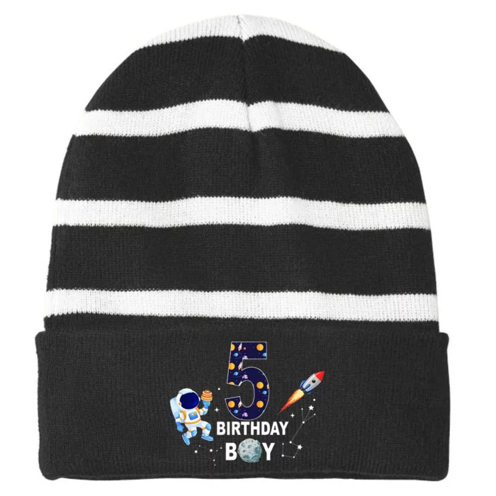 Outer Space 5th Birthday 5 Year Old Solar System Astronaut Striped Beanie with Solid Band