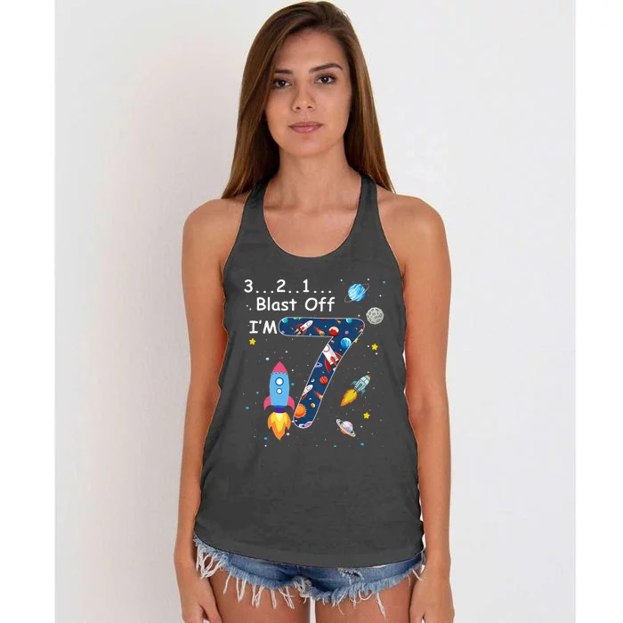 Outer Space Blast Off 7 Year Old 7th Birthday Women's Knotted Racerback Tank