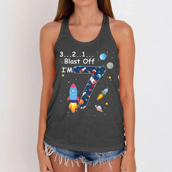 Outer Space Blast Off 7 Year Old 7th Birthday Women's Knotted Racerback Tank