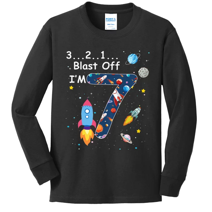 Outer Space Blast Off 7 Year Old 7th Birthday Kids Long Sleeve Shirt