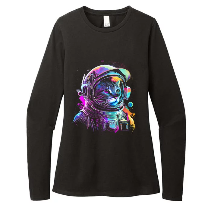 Outer Space Cat Kitty Astronaut Animal Face Womens CVC Long Sleeve Shirt