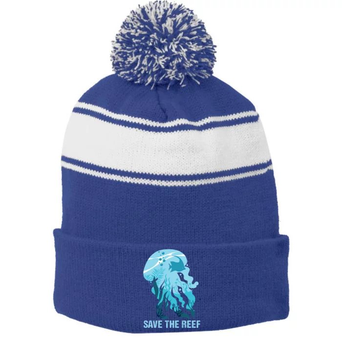 Ocean Sea Creatures Jellyfish Fish Save The Reef Funny Gift Stripe Pom Pom Beanie