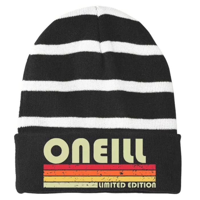 Oneill Surname Funny Retro Vintage 80s 90s Birthday Reunion Striped Beanie with Solid Band