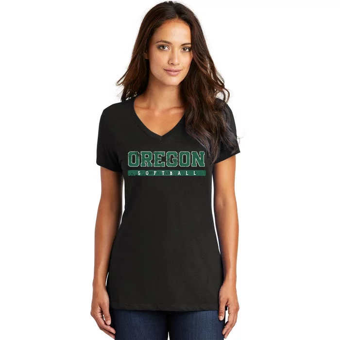 Oregon Softball Green Vintage Text Women's V-Neck T-Shirt