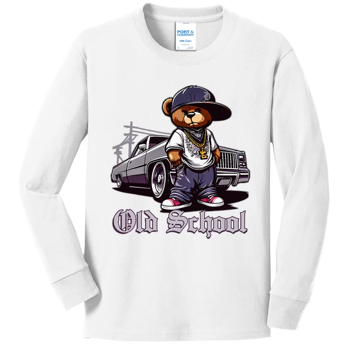 Old School Hip Hop Teddy Bear Lowrider Chicano Culture Cute Kids Long Sleeve Shirt