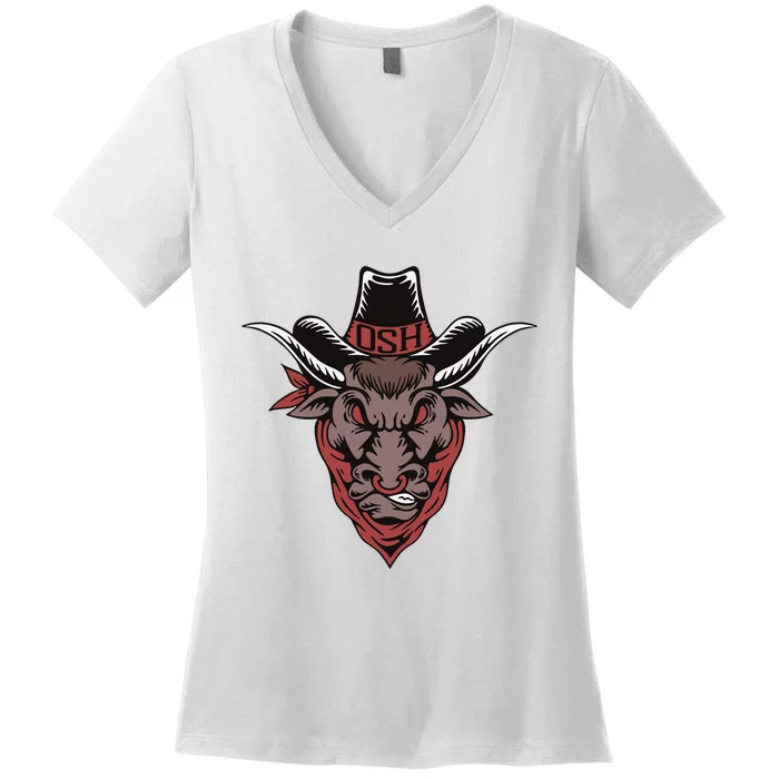 Old School Hats Bull Custom Printed Women's V-Neck T-Shirt