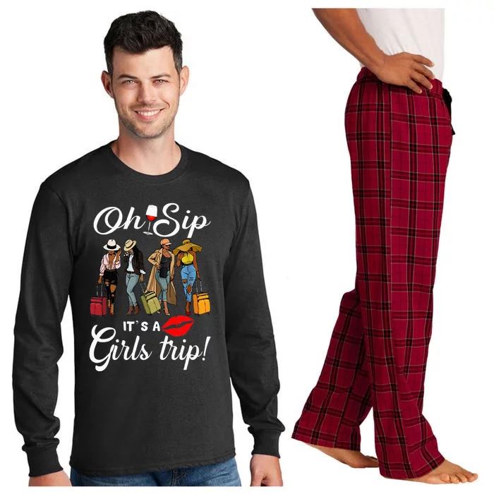 Oh Sip Its A Girls Trip Funny Wine Party Black Queen Long Sleeve Pajama Set