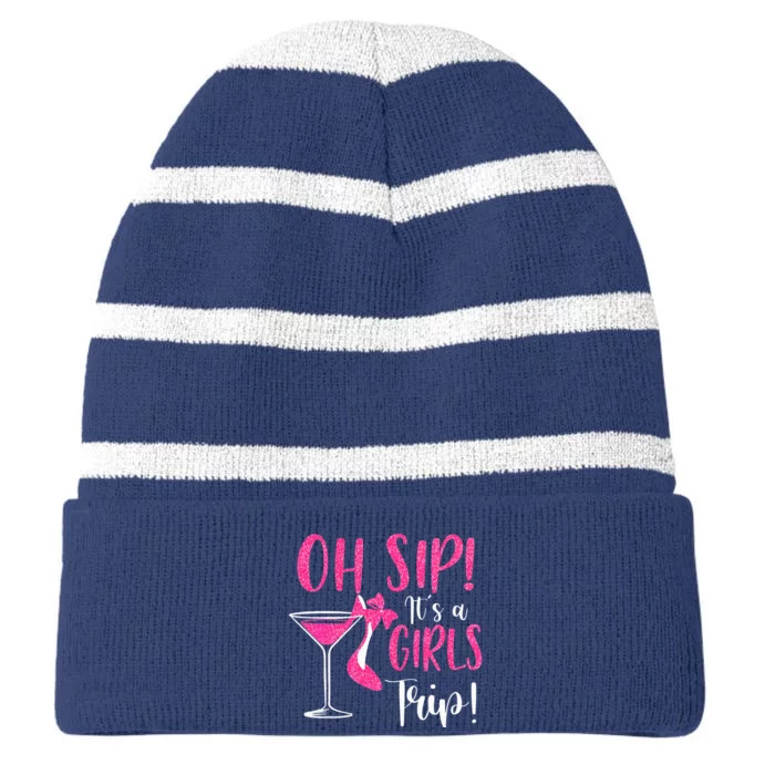 Oh Sip It's A Trip Fun Wine Party Hight Heel Striped Beanie with Solid Band