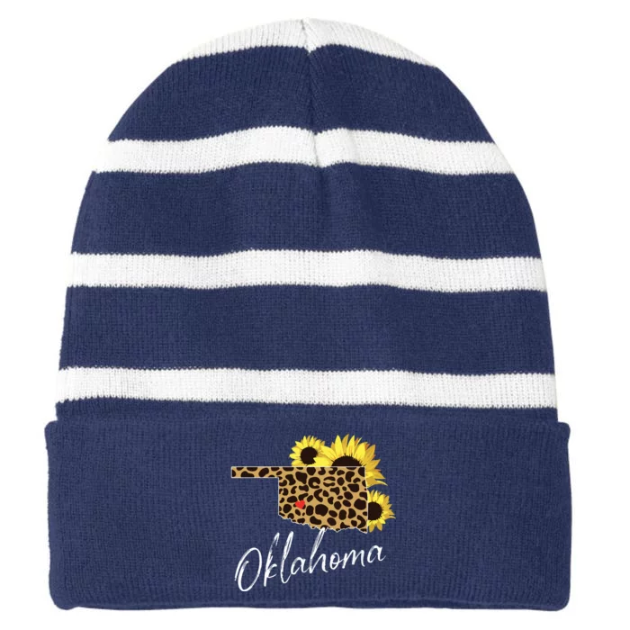 Oklahoma Sunflower Leopard State Map Striped Beanie with Solid Band