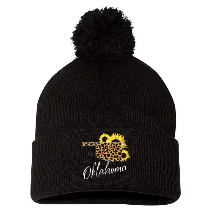 Oklahoma Sunflower Leopard State Map Pom Pom 12in Knit Beanie